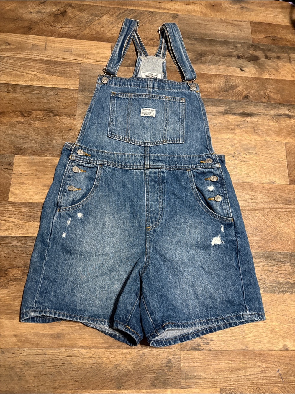 Levis Denim Shortalls Overalls - Distressed Blue